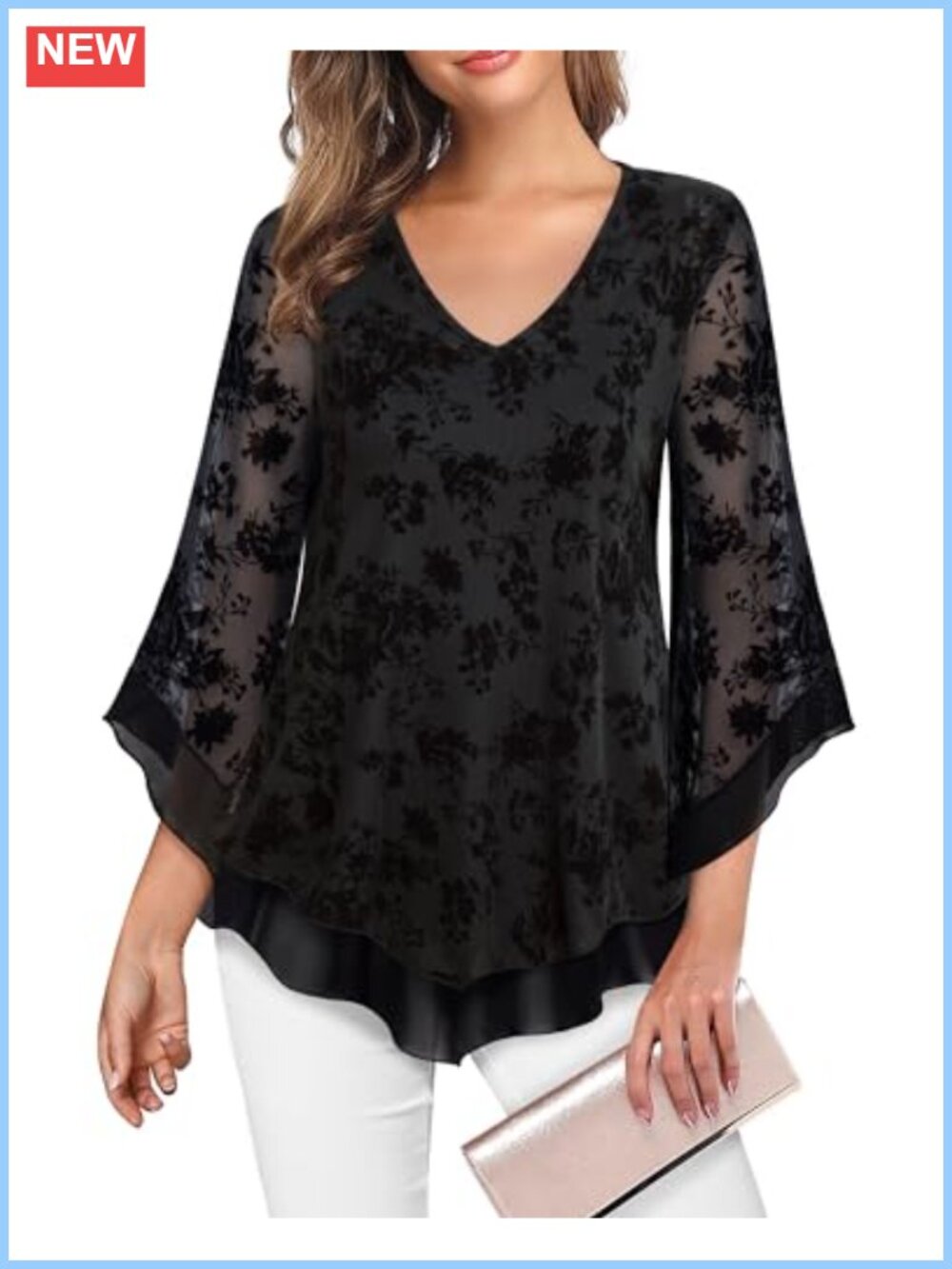 Womens Dressy Mesh Blouse 3/4 Flared Sleeve Tunic Top